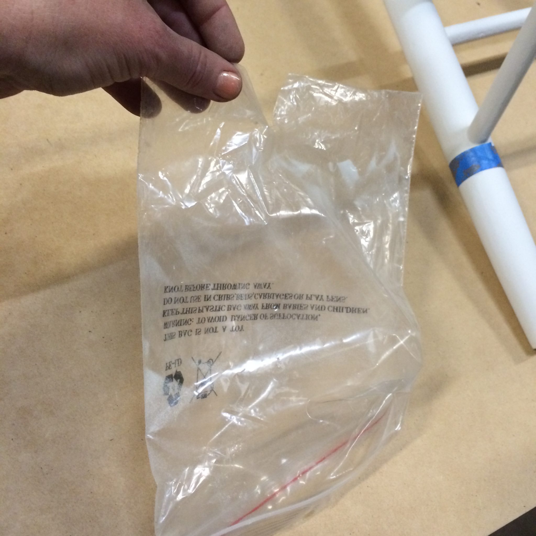  9 recycle small bags by cutting a hole for a leg to go through and use masking tape to secure
